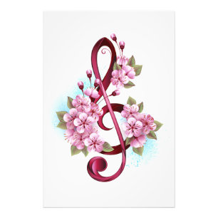 Foto Notas de clave de trecho musical com flores de Sak