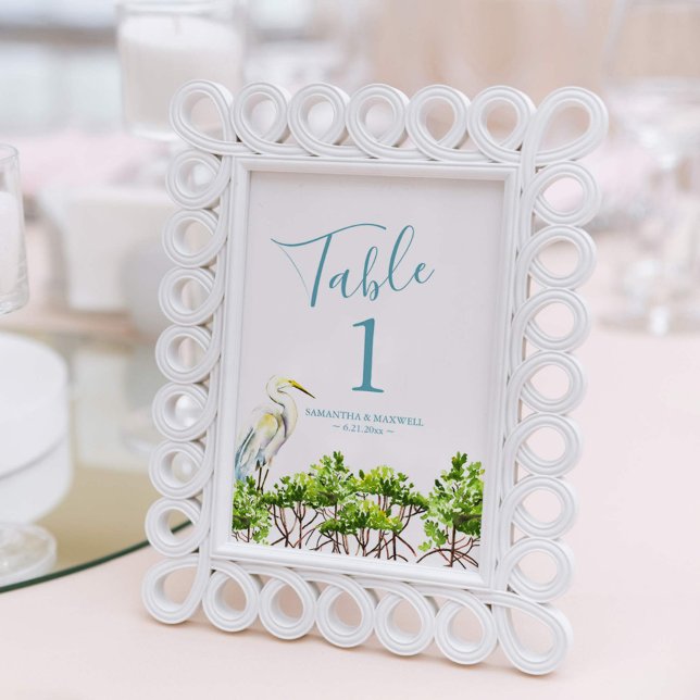 Foto Número da Tabela Casamento Watercolor Beach 4x6 (Beach wedding table numbers watercolor tropical bird and mangroves Key West and Florida Keys)