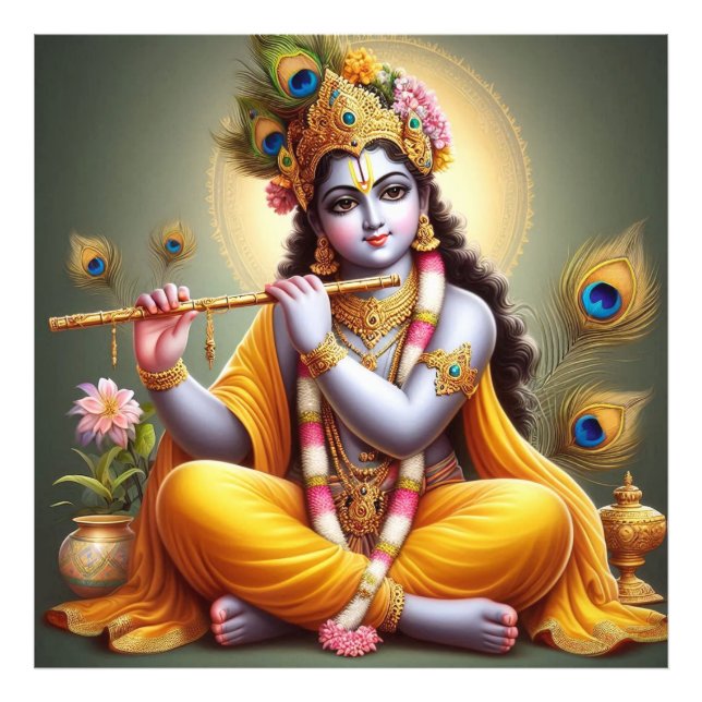 Foto Ouro ornamentado Serene Krishna Flute Art (Frente)