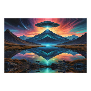 Foto OVNI paira sobre Montanhas Coloridas e Lago