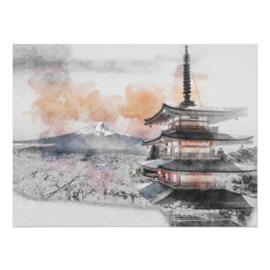 Foto Pagode Japonesa em Aquarela & Mt. Fuji