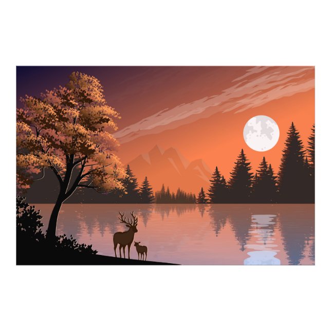 Foto Paisagem Sunrise com Lago e Deers-51207 (Frente)
