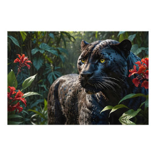 Foto Pantera Negra - Jaguar nas Flores Vermelhas Selvag