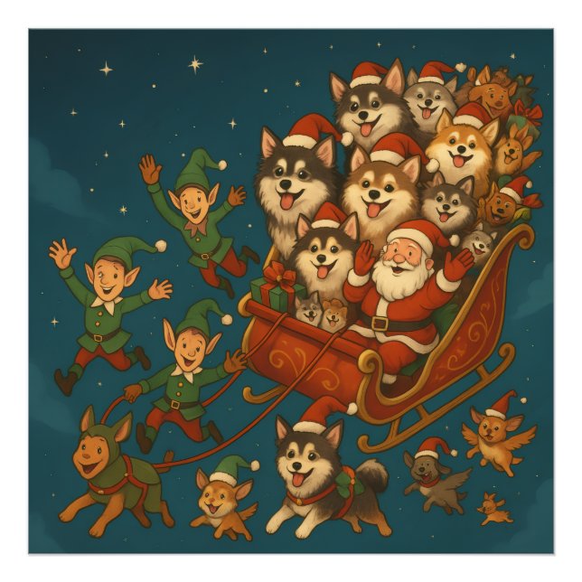 Foto Papai Noel com cachorrinhos alegres e elfos! (Frente)