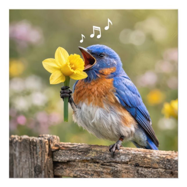 Foto Pássaro Azul Cantando em um Narciso Amarelo (Frente)