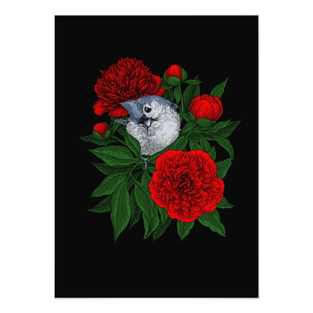 Foto Pássaro em um buquê de peônia vermelho (Frente)