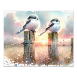 Foto Pássaros Aquarela Pastel Poste de Cerca Pôr do Sol