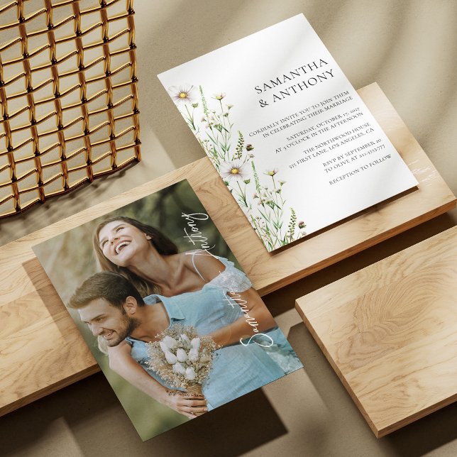 Foto personalizada de convite para casamento de fl (Elegant Wildflower Wedding Invitation Custom Photo)