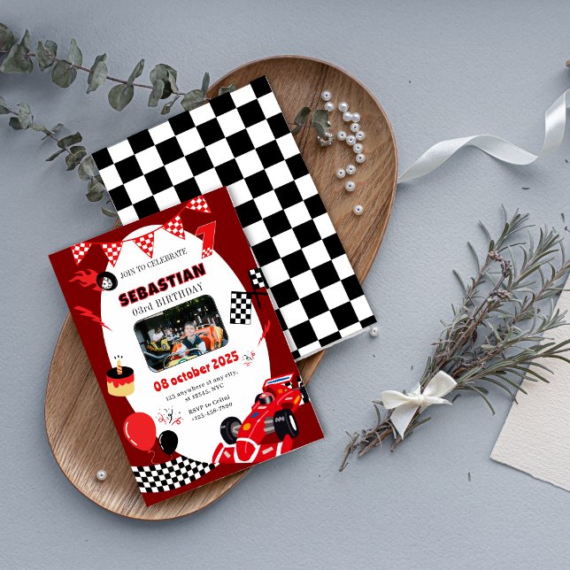 Foto personalizada de convite para o marinho e a r (Red & Black Race Birthday Invitation-Custom Photo Invitation)