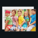 Foto personalizada divertida e feliz Hanukkah<br><div class="desc">Esta design de feriados divertida e moderna mostra sua foto favorita com o texto "Happy Hanukkah" com seu nome de família e data em tipografia branca. #hanukkah #chanukah #feriados #sazonal #festivo #moderno #fotografia #fotografa #adyourown #tendências #moda #design #designer #popular #stationery #cartões #cumprimentos #cartões #diy #dti #nome #personalizado #personalizado #personalizado #personalizado...</div>