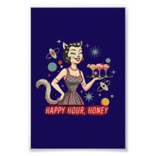 Foto Pin-Up Retro do Gato Atômico "Hora Feliz, Querid