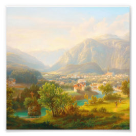 Foto Pintura a Óleo de Aldeia Alpina Europeia Vintage