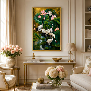 Foto Pintura a Óleo Elegante Lótus e Grou Asiático Dour