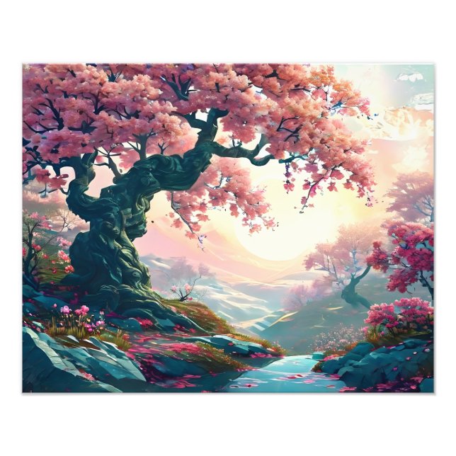 Foto Pintura em árvore de flores rosa e impressionante (Frente)