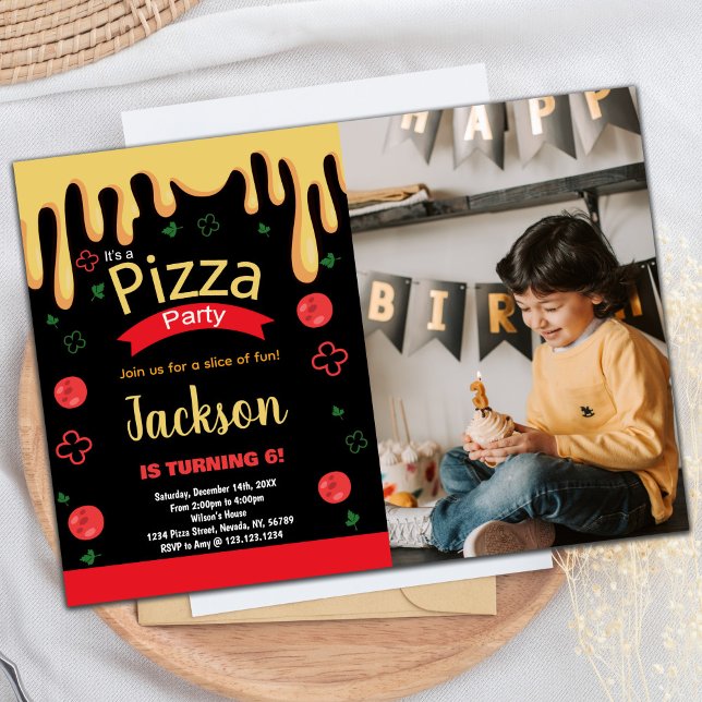 Foto: Pizza Verde Amarelo Convite de Aniversário (Photo Yellow Red Green Pizza Birthday Invitations)