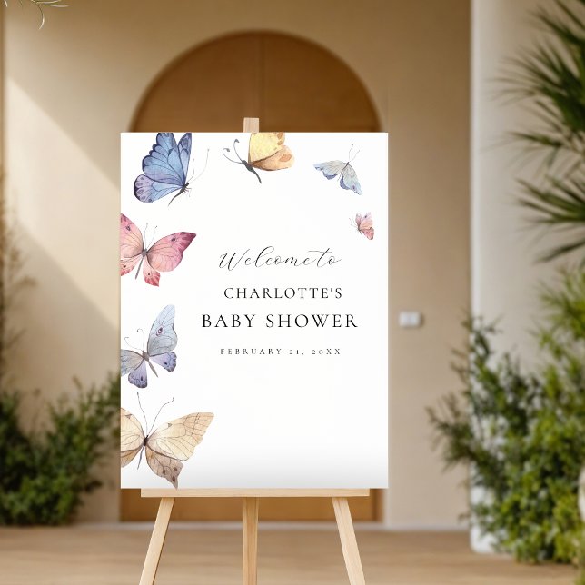 Foto Placa de Boas-Vindas para Chás de Bebê Menina Borb (Girl Butterfly Baby Shower Welcome Sign)