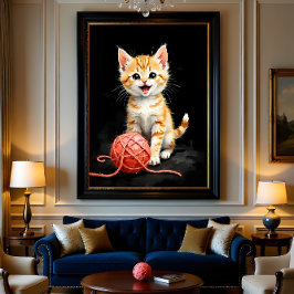 Foto Playful Kitten Cat with Yarn Watercolor Print