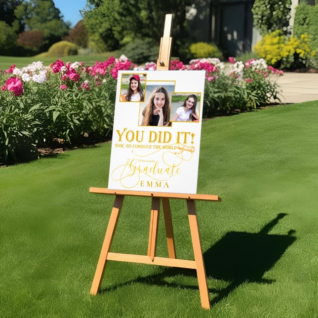 Foto Presente de Formatura Branco e Dourado com Múltipl (White and Gold Graduation Multi Photo Keepsake Poster)