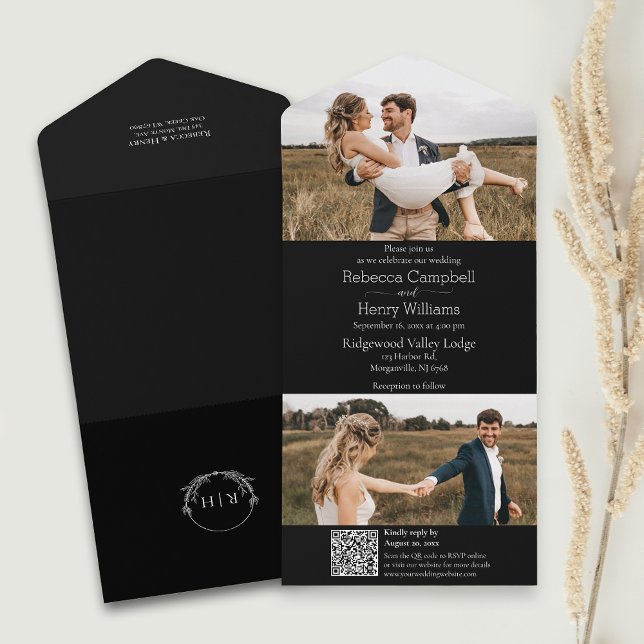Foto Preta Moderna | Monograma | Código QR (Simplify your wedding with our all-in-one invitation – convenience and beauty in a single card.)