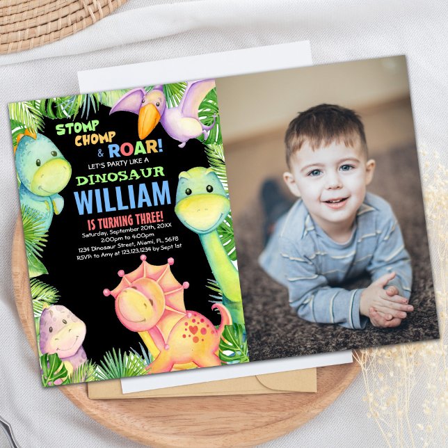 Foto Preta Verde Dinossauro Convites de Aniversári (Green Black Photo Dinosaur Birthday Invitations)