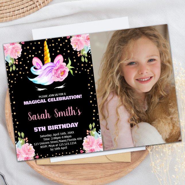 Foto: Rainbow Black Unicorn, Convites de Aniversár (Photo Rainbow Black Unicorn Birthday Invitations)