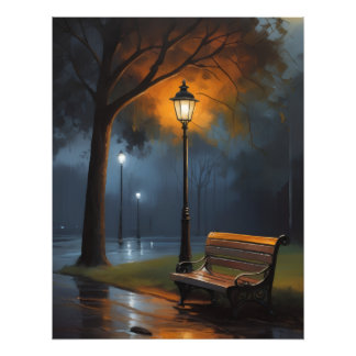 Foto Rainy Night Park Bench - Óleo Emocional Cinemático