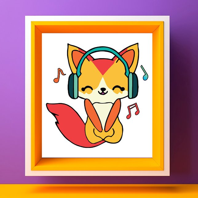 Foto Raposa feliz com fones de ouvido ouvindo música. (Happy fox with headphones listening to music. photo print)