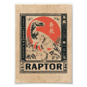 Foto Raptor Dinossaur Japandi Art   Wabi Sabi Red Sun