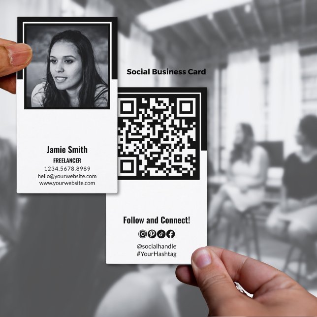 Foto Retrato Cartão de visita de preto e branco so (Professional Portrait Photo Social Black & White Business Card, Personal, QR-code)