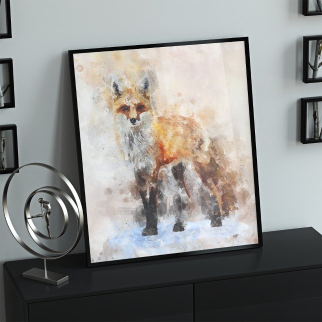 Foto Retrato em Aquarela da Raposa Vermelha 02 (Red Fox Watercolor Portrait 02. Photo Print)