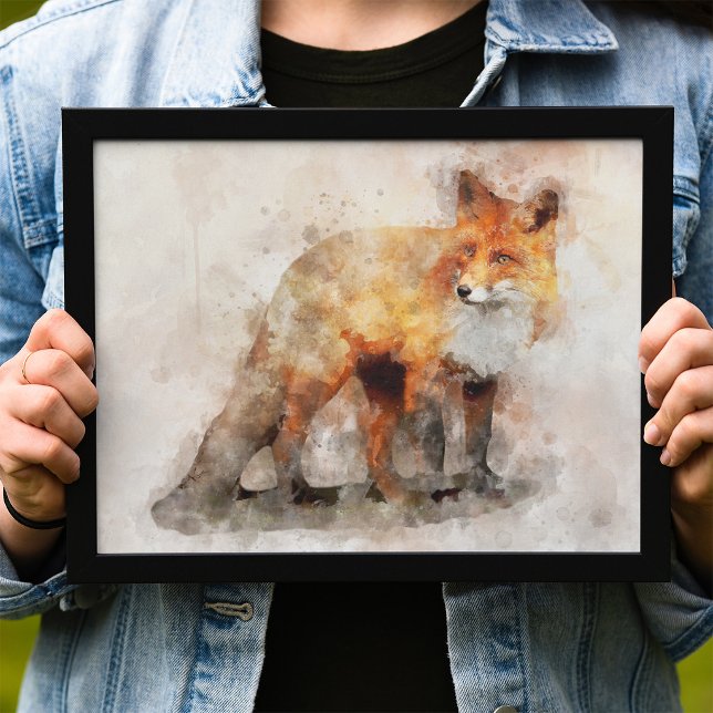 Foto Retrato em Aquarela da Raposa Vermelha 04 (Red Fox Watercolor Portrait 04. Photo Print)