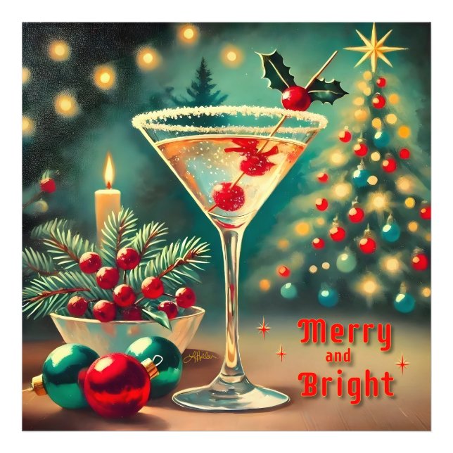 Foto Retro Anos 50 Coquetel Martini de Natal Alegre e R (Frente)