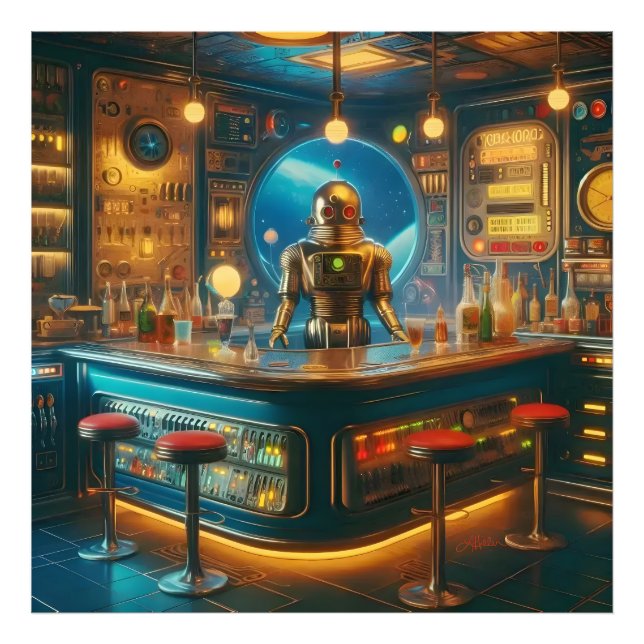 Foto Robot Bartender in Interstellar Space Age Dive Bar (Frente)