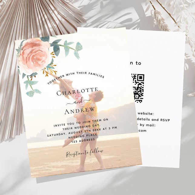 Foto rosa ouro floral QR RSVP convite de casamento (Criador carregado)