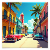 Rua Colorida Cubana com Carros Clássicos