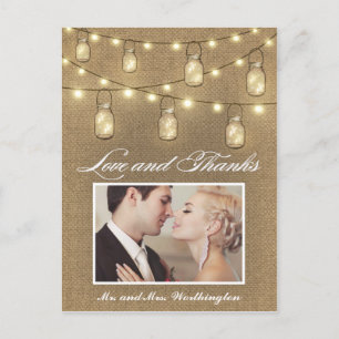 Foto Rustic Burlap Mason Jar Obrigado Cartões post