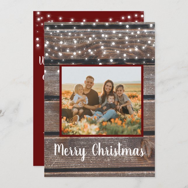 Foto Rustic String Lights Red Christmas card (Frente/Verso)