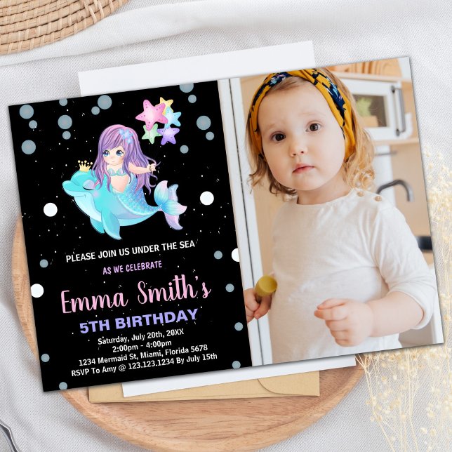 Foto: Sereia Preta Convites com golfinho (Photo Black Mermaid Invitations with dolphin)