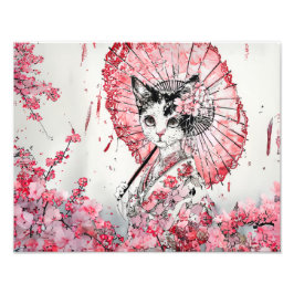 Foto Serene Geisha Cat com Red Parasol Cherry Blossom