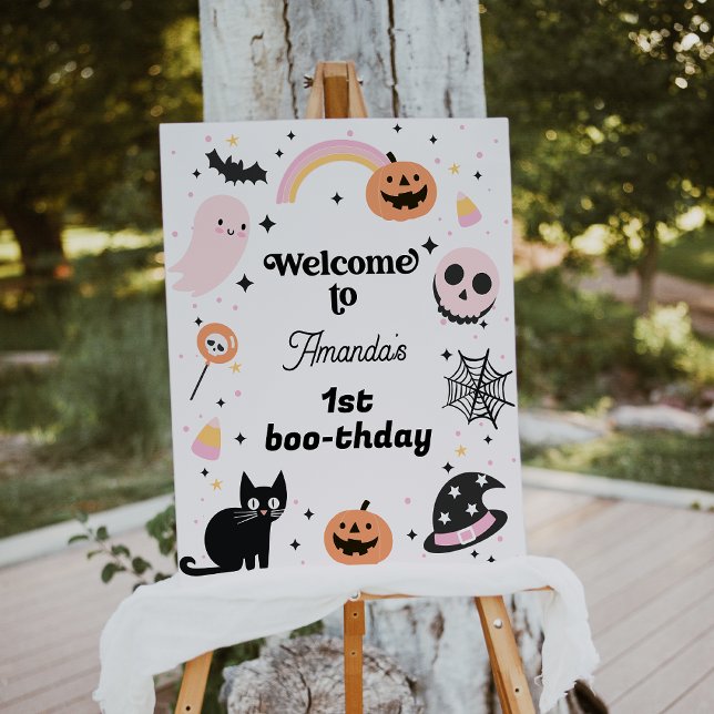 Foto Símbolo de Boas-vindas do Dia de Aniversário do Ha (Retro Halloween Birthday Welcome Sign, Hey Boo Birthday Welcome Sign, Girl Halloween Themed )