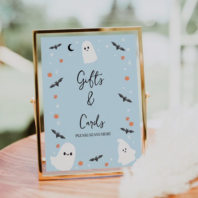 Foto Símbolo de Chá de fraldas do Dia das Bruxas Azul M (Blue Halloween baby Shower Sign, Halloween Boys Baby Shower Table Top Sign, Ghosts Little Boo Theme )