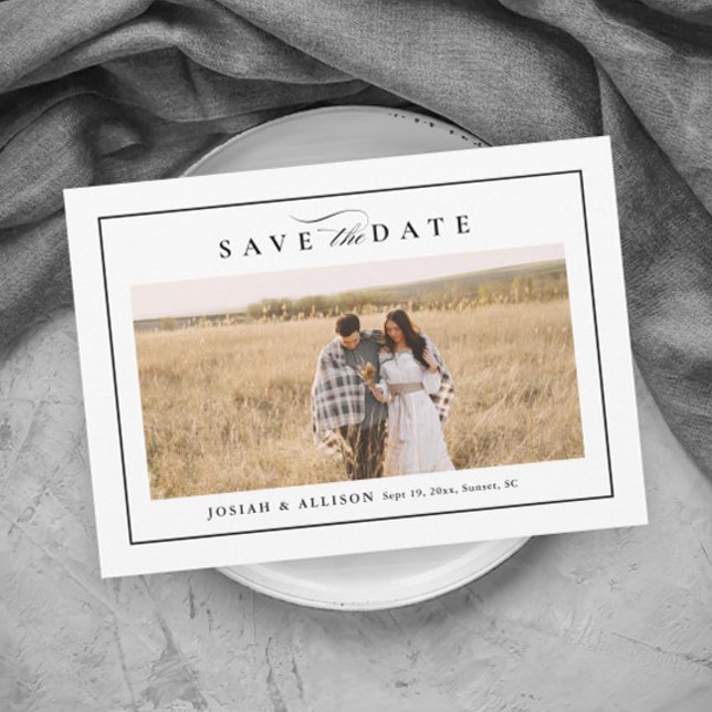 Foto simples de casamento preto e branco Salvar a  (Elegant black and white photo wedding save the date magnetic card.)
