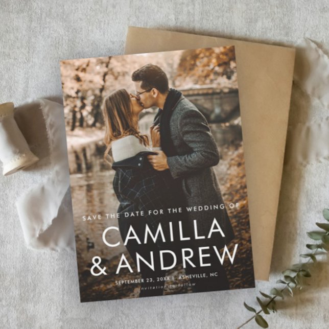 Foto simples: Salve o ímã de data (Simple photo wedding save the date magnet with modern typographic overlay.)