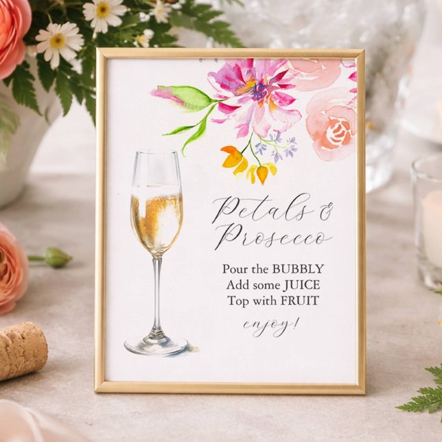 Foto Sinal de Barra de Pétalas Coloridas e Prosecco (Petals and Prosecco bridal shower sign with pink and orange flowers)