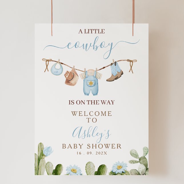 Foto Sinal de boas-vindas do Chá de fraldas de roupas a (Cowboy Baby Shower Welcomes Sign, Little Cowboy Bab Shower Welcome Sign with Cactus, Clothesline)