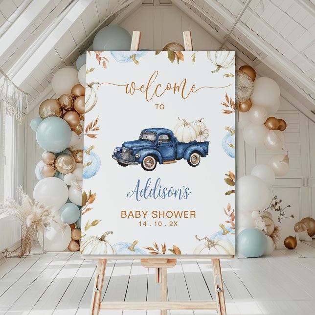 Foto Sinal de boas-vindas do Chá de fraldas Pumpkin Azu (Boys Little Pumpkin Baby Shower Welcome Sign Template, Fall Pumpkin Truck Baby Shower Welcome Sign)