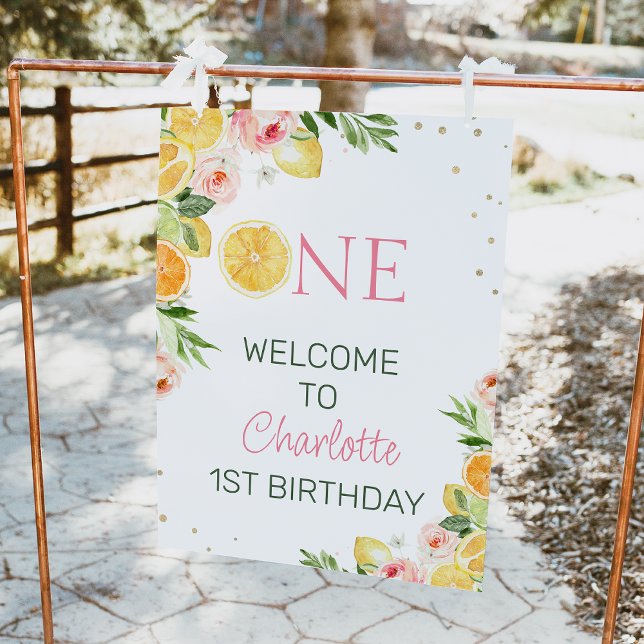 Foto Sinal de boas-vindas do primeiro aniversario Citru (Citrus themed or our little sweet one 1st birthday welcome sign with oranges, lemons and pink flower)