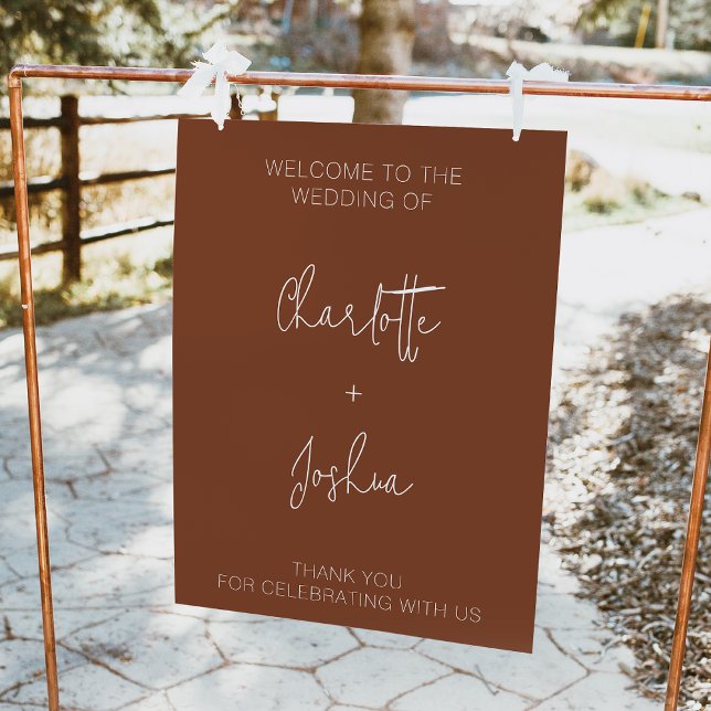 Foto Sinal de boas-vindas do Terracotta Minimalista (Modern minimalist terracotta wedding welcome sign featuring a modern calligraphy font.)