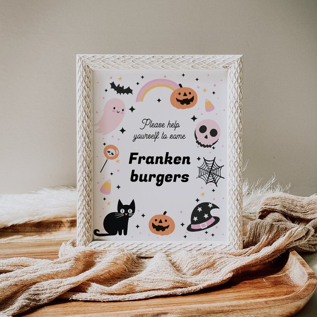 Foto Sinal de Festa de aniversário do Dia das Bruxas pr (Halloween Birthday party Sign Girl Pink Ghost Black Cat Hey Boo Halloween Birthday Food Sign Retro)