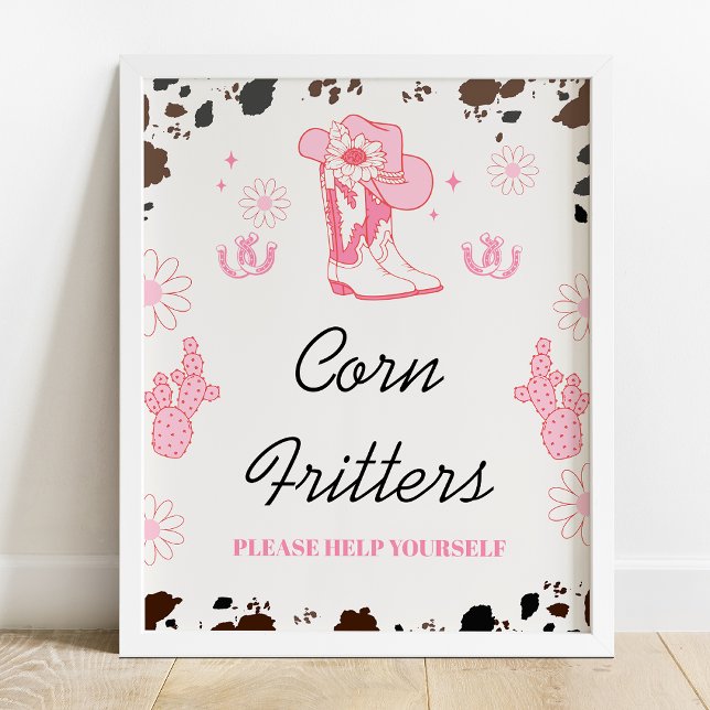Foto Sinal de Festa de primeiro aniversario de Rodeo de (Hot Pink Rodeo Birthday Party Sign, Cowgirl Birthday Party Sign, Cow Print, Daisies, Cowgirl Boots)